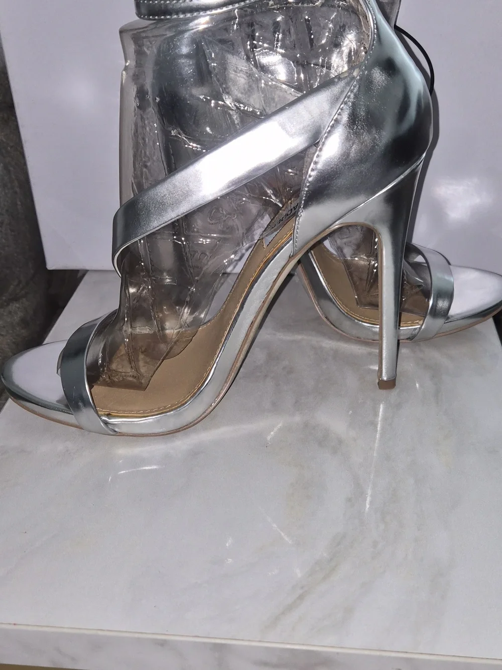 Steve Madden Martyne Metallic Silver Crisscross Ankle-Strap Heels